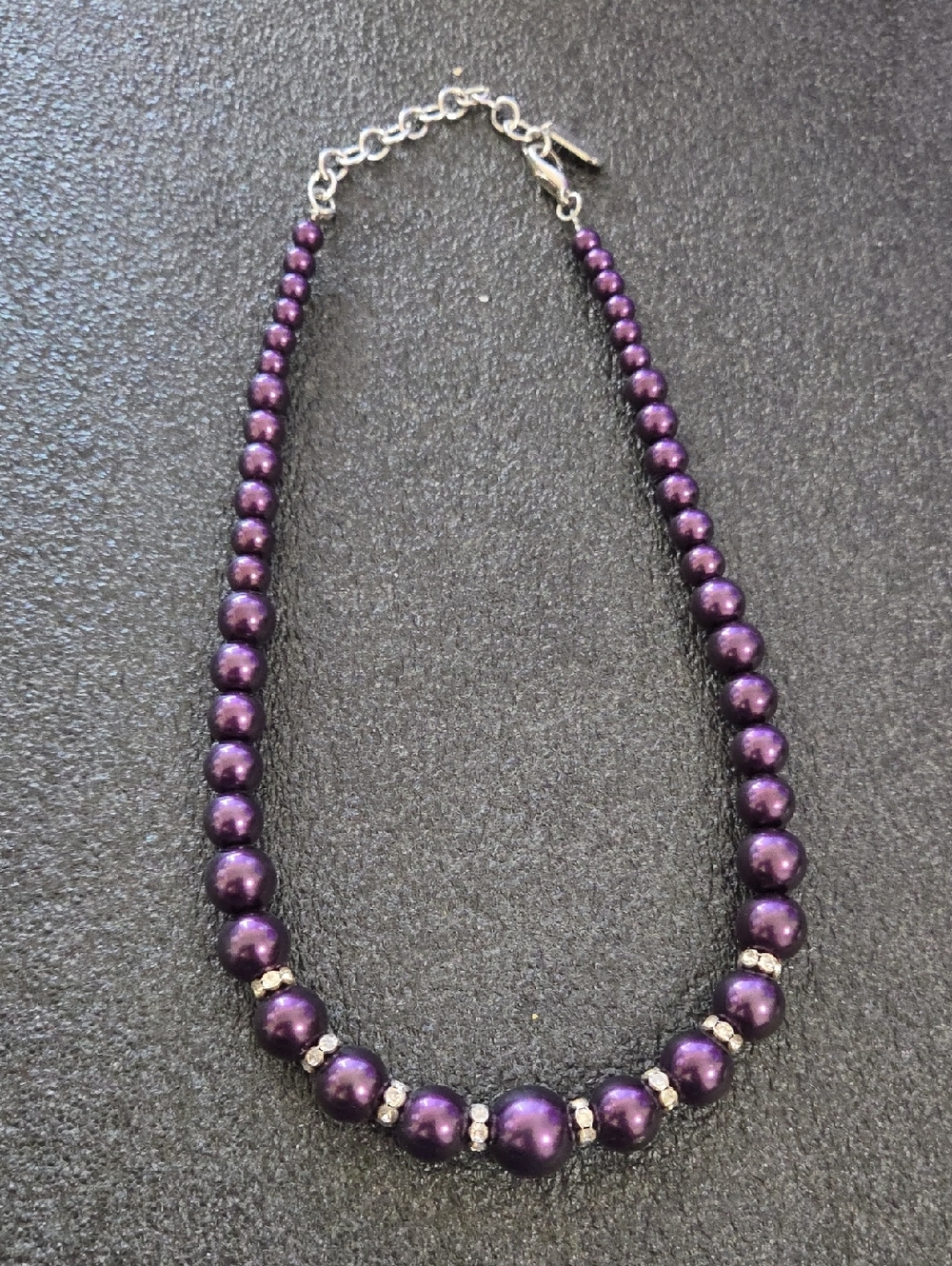 Vintage Kissaka Purple Pearl Necklace Silver Rhinestone Spacers Graduated